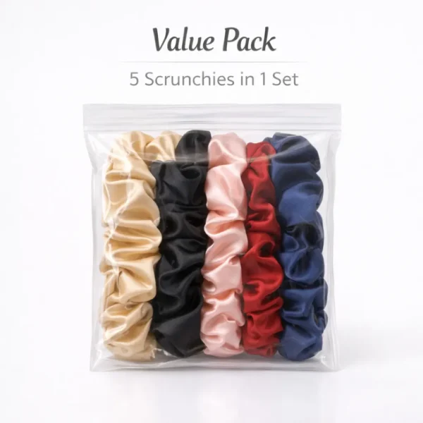Multi-color satin scrunchies combo pack: Brown, Gold, Cream, Black